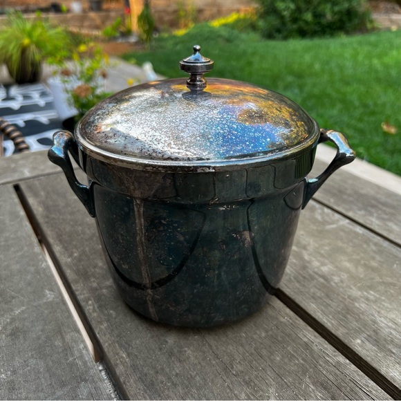 Vintage Silver Plate Crescent White Glass Lined Ice Bucket Rainbow Patina - Picture 2 of 9